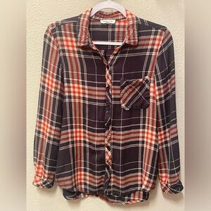 Beach Lunch Lounge  Brown & Orange Plaid Button Down Flannel Shirt